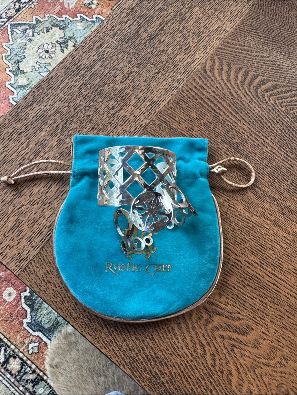 Rustic Cuff Silver Cuff Bracelet with Teal Drawstring Pouch